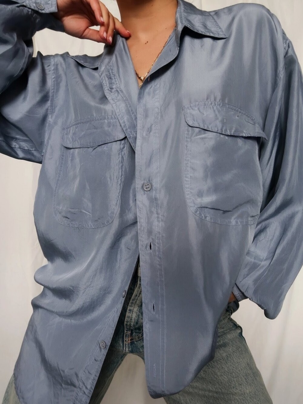 Vintage 90s Silk Able 100% Silk Utility Blouse Long Sleeve Blue Gray Size M